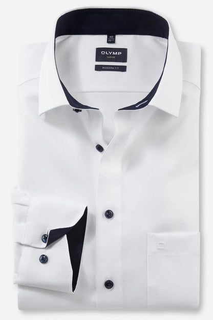 OLYMP NATTÉ LANGARM HEMD MODERN FIT WEISS MIT PATCHUNG