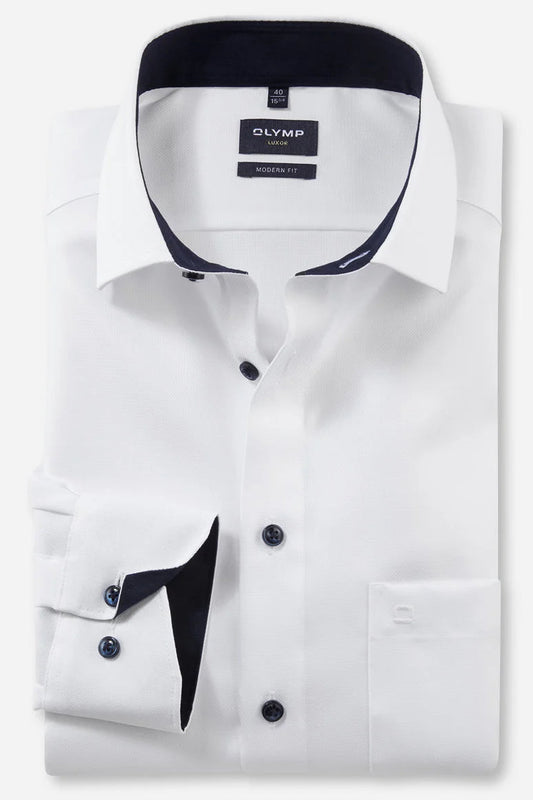 OLYMP NATTÉ LANGARM HEMD MODERN FIT WEISS MIT PATCHUNG