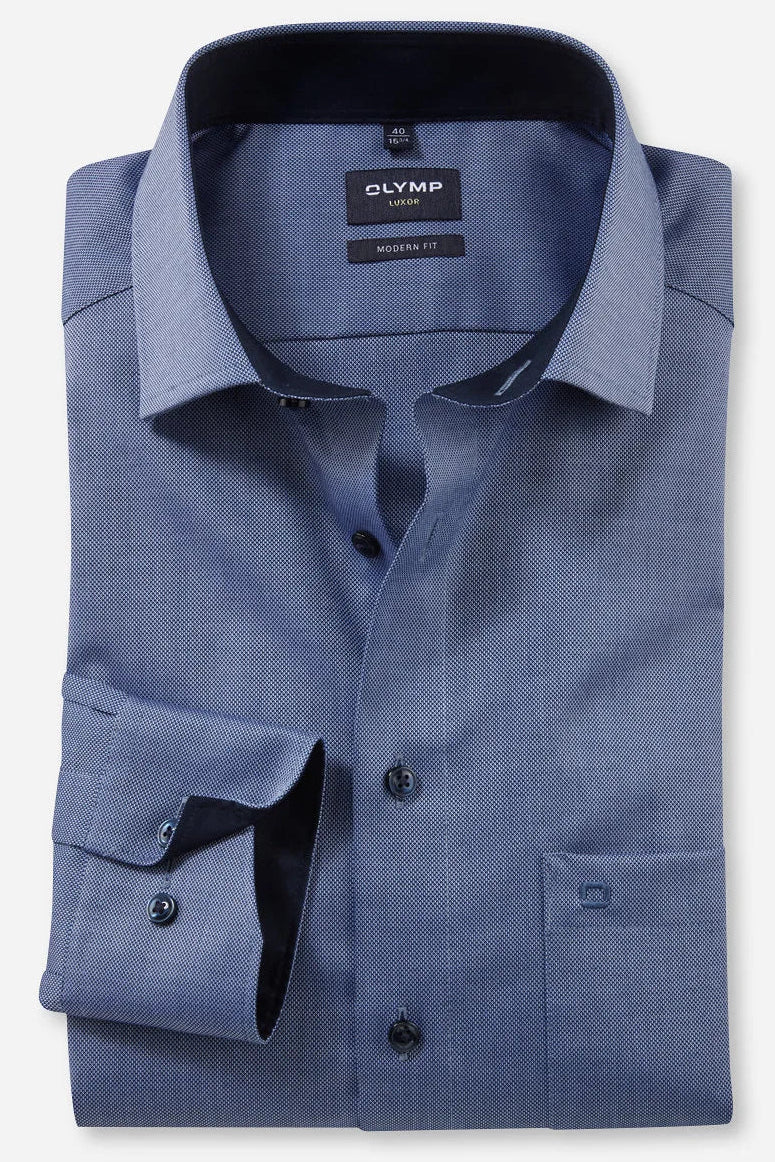 OLYMP NATTÉ LANGARM HEMD MODERN FIT MARINE MIT PATCHUNG