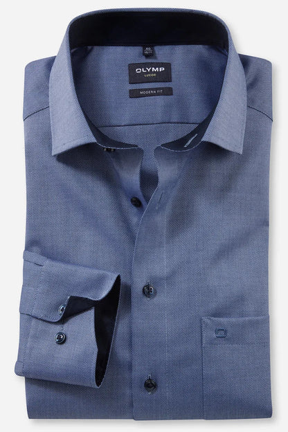 OLYMP NATTÉ LANGARM HEMD MODERN FIT MARINE MIT PATCHUNG