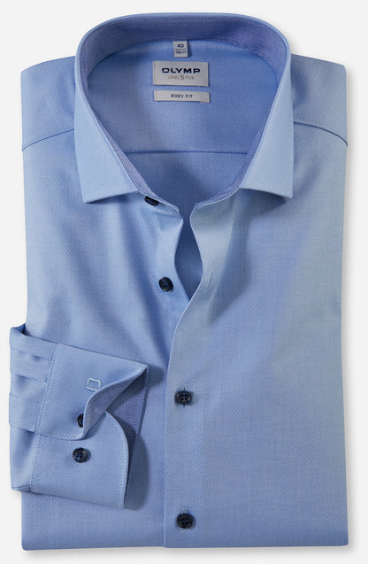 OLYMP LEVEL FIVE BODY FIT FAUX UNI LANGARM HEMD BLEU MIT PATCHUNG
