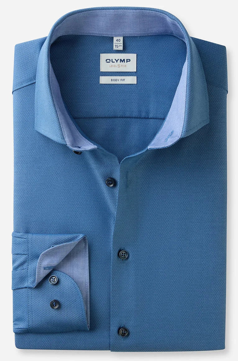 OLYMP LEVEL FIVE BODY FIT FAUX UNI LANGARM HEMD BLAU MIT PATCHUNG