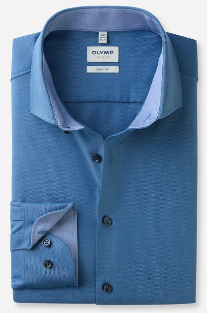 OLYMP LEVEL FIVE BODY FIT FAUX UNI LANGARM HEMD BLAU MIT PATCHUNG