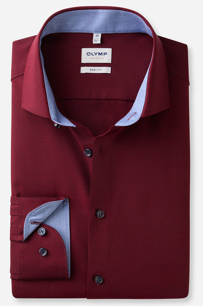 OLYMP LEVEL FIVE BODY FIT FAUX UNI LANGARM HEMD ROT MIT PATCHUNG