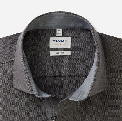 OLYMP LEVEL FIVE BODY FIT FAUX UNI LANGARM HEMD ANTHRAZIT MIT PATCHUNG
