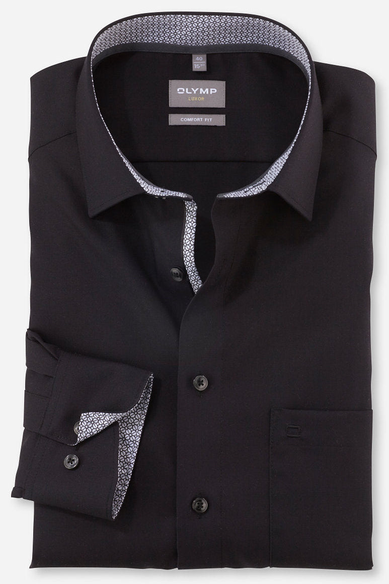 OLYMP LUXOR COMFORT FIT UNI LANGARM HEMD SCHWARZ MIT PATCHUNG
