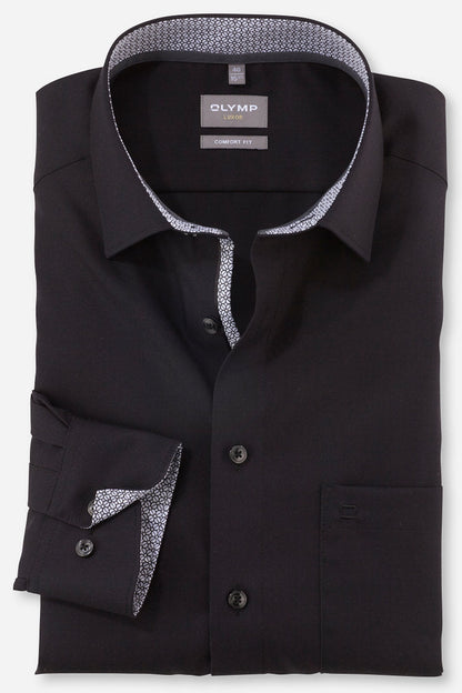 OLYMP LUXOR COMFORT FIT UNI LANGARM HEMD SCHWARZ MIT PATCHUNG