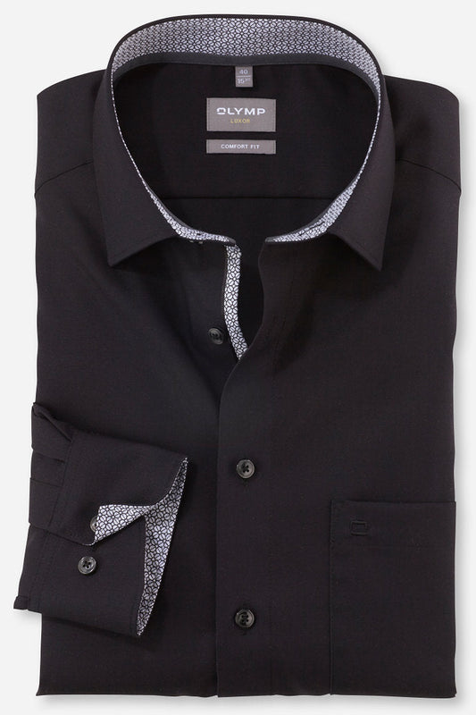 OLYMP LUXOR COMFORT FIT UNI LANGARM HEMD SCHWARZ MIT PATCHUNG