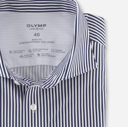 OLYMP LEVEL FIVE BODY FIT FLEX JERSEY LANGARM HEMD MARINE GESTREIFT