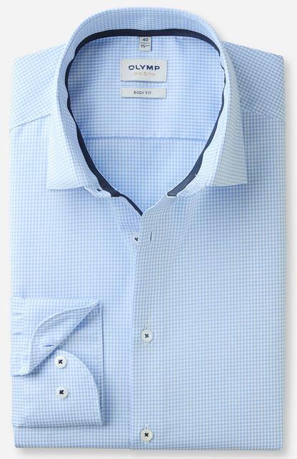 OLYMP LEVEL FIVE BODY FIT TWILL LANGARM HEMD HELLBLAU KARIERT