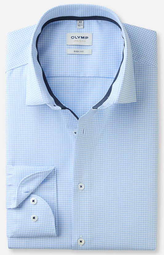 OLYMP LEVEL FIVE BODY FIT TWILL LANGARM HEMD HELLBLAU KARIERT