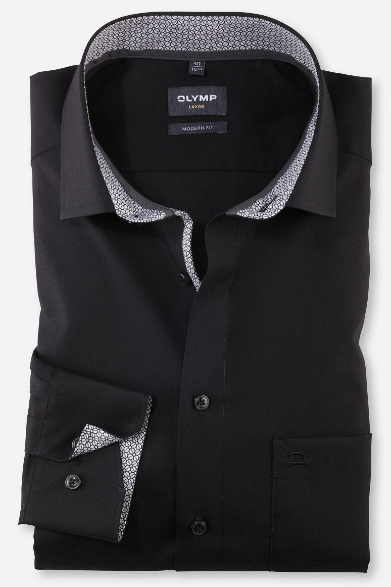 OLYMP UNI LANGARM HEMD MODERN FIT SCHWARZ MIT PATCHUNG