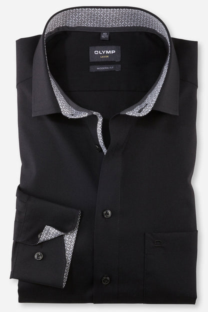 OLYMP UNI LANGARM HEMD MODERN FIT SCHWARZ MIT PATCHUNG