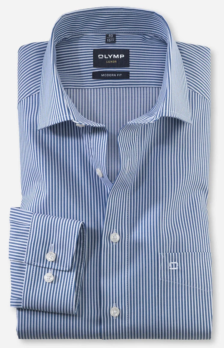 OLYMP LUXOR MODERN FIT TWILL LANGARM HEMD MARINE GESTREIFT