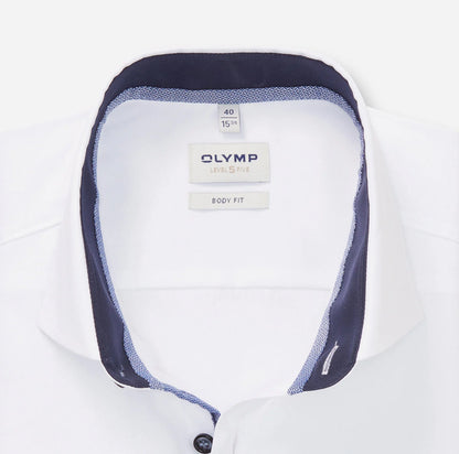 OLYMP LEVEL FIVE BODY FIT UNI LANGARM HEMD WEISS MIT PATCHUNG