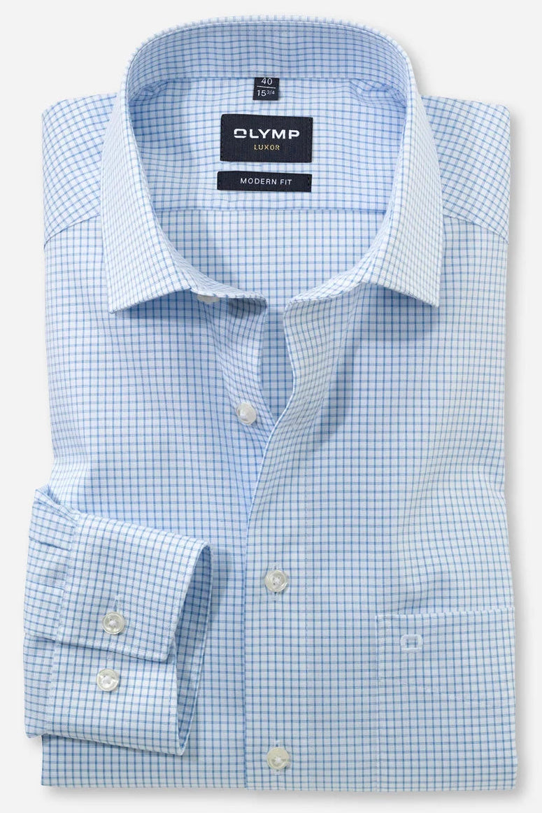 OLYMP TWILL LANGARM HEMD MODERN FIT HELLBLAU KARIERT