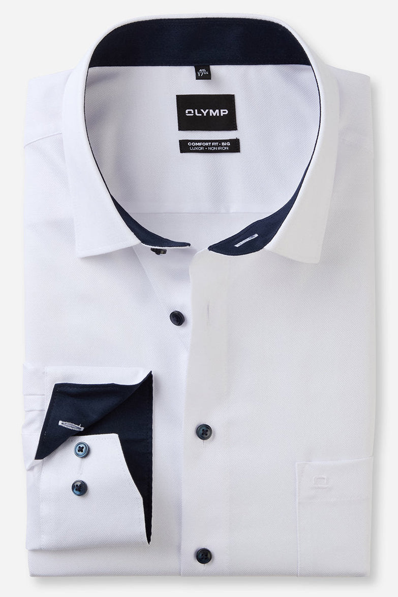OLYMP LUXOR COMFORT FIT BIG NATTÉ LANGARM HEMD WEISS MIT PATCHUNG
