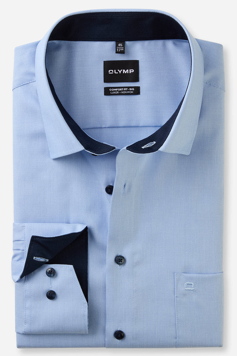 OLYMP LUXOR COMFORT FIT BIG NATTÉ LANGARM HEMD HELLBLAU MIT PATCHUNG