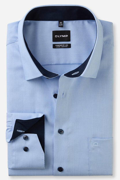 OLYMP LUXOR COMFORT FIT BIG NATTÉ LANGARM HEMD HELLBLAU MIT PATCHUNG