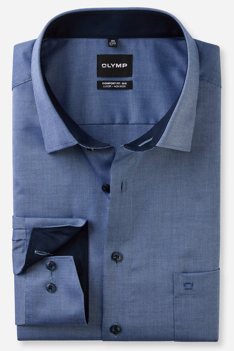 OLYMP LUXOR COMFORT FIT BIG NATTÉ LANGARM HEMD BLAU MIT PATCHUNG
