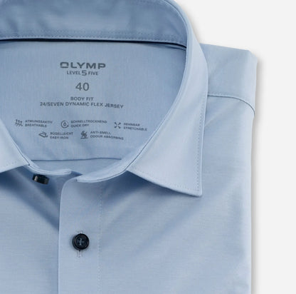 OLYMP LEVEL FIVE BODY FIT FLEX JERSEY LANGARM HEMD HELLBLAU
