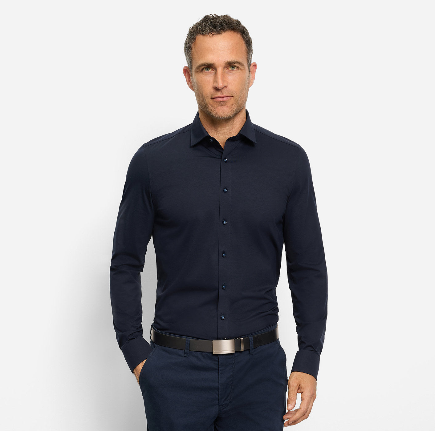OLYMP LEVEL FIVE BODY FIT FLEX JERSEY LANGARM HEMD MARINE