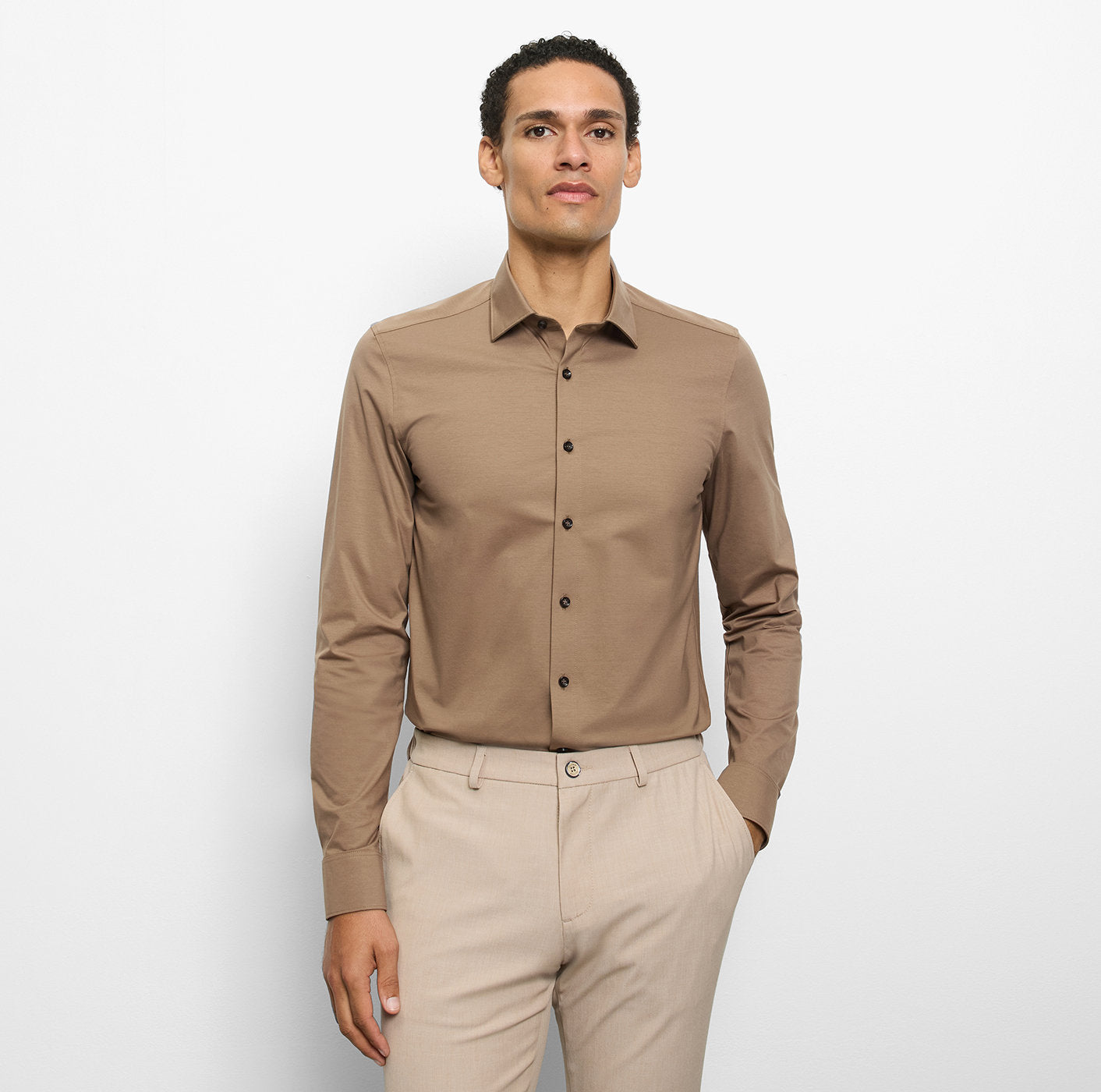OLYMP LEVEL FIVE BODY FIT FLEX JERSEY LANGARM HEMD TAUPE