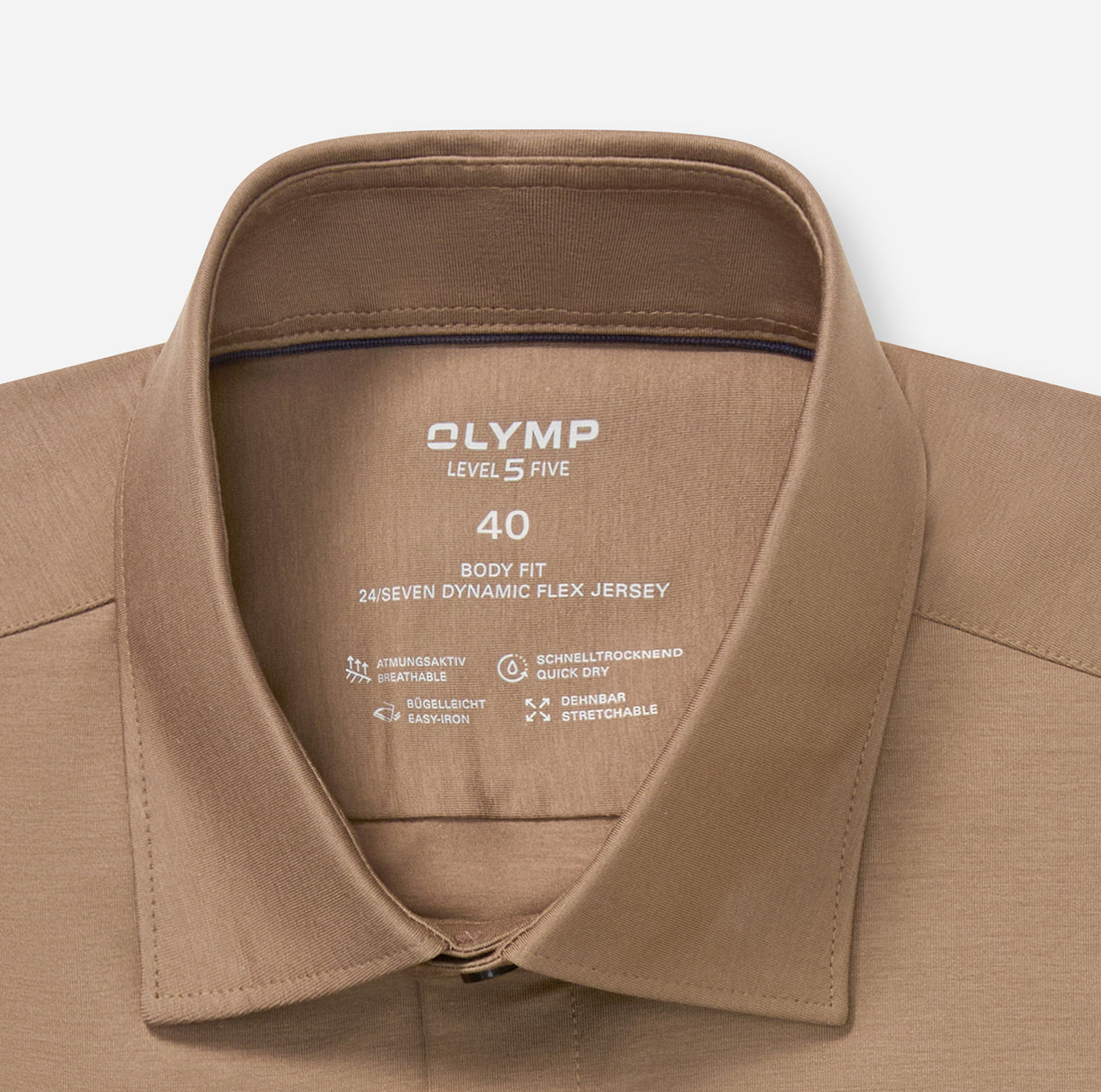 OLYMP LEVEL FIVE BODY FIT FLEX JERSEY LANGARM HEMD TAUPE