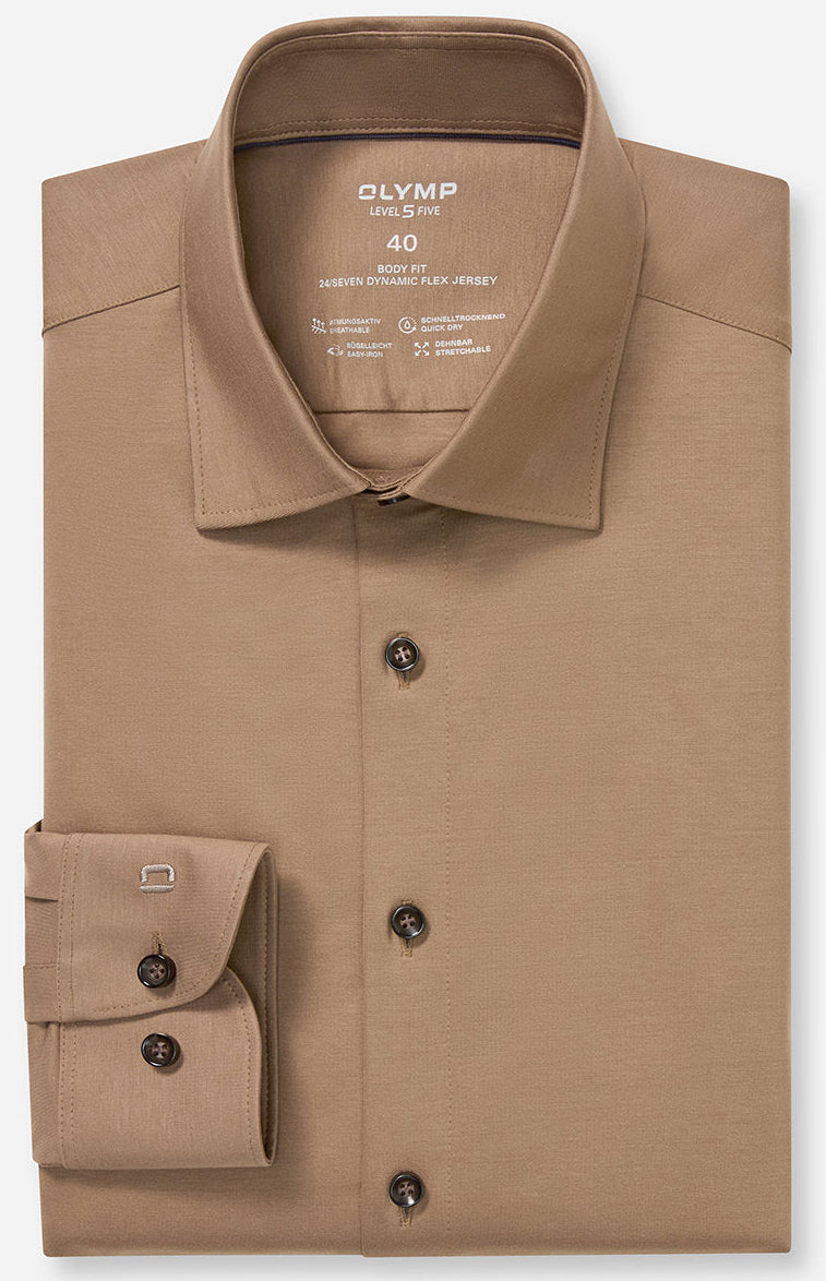 OLYMP LEVEL FIVE BODY FIT FLEX JERSEY LANGARM HEMD TAUPE