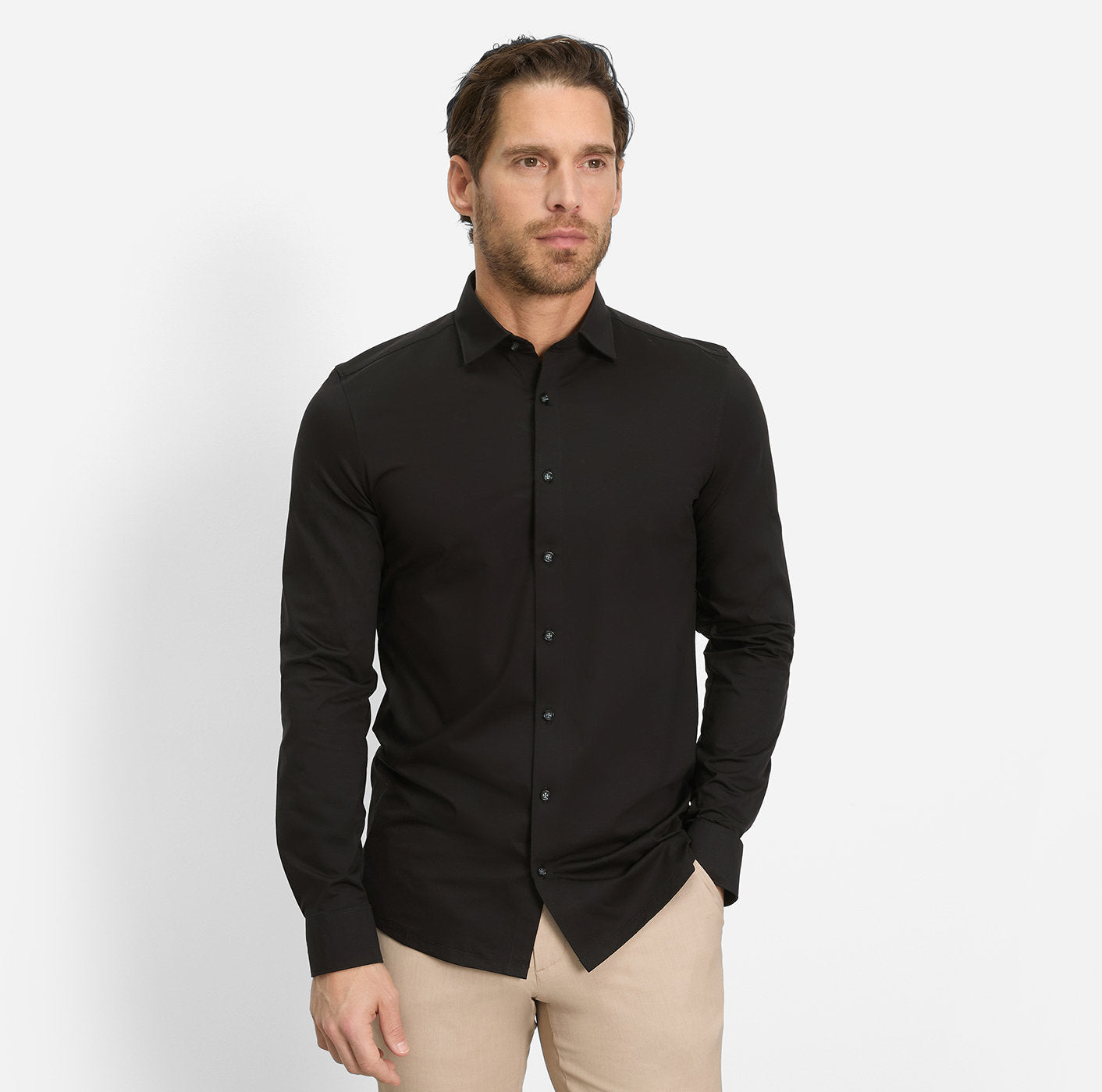OLYMP LEVEL FIVE BODY FIT FLEX JERSEY LANGARM HEMD SCHWARZ