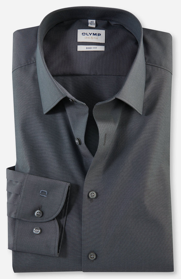 OLYMP LEVEL FIVE BODY FIT CHAMBRAY LANGARM HEMD ANTHRAZIT