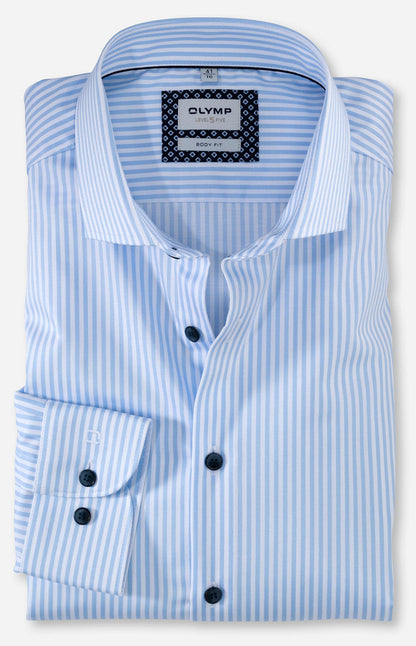 OLYMP LEVEL FIVE BODY FIT TWILL LANGARM HEMD HELLBLAU GESTREIFT