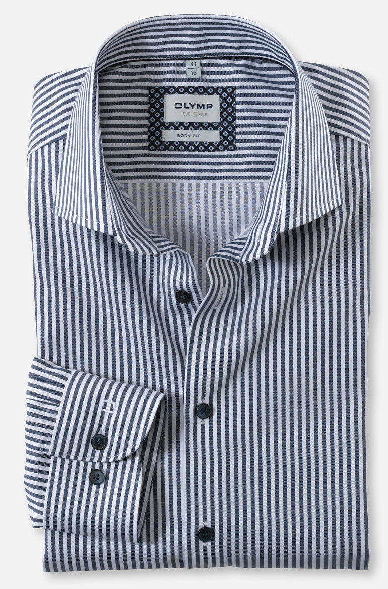 OLYMP LEVEL FIVE BODY FIT TWILL LANGARM HEMD MARINE GESTREIFT
