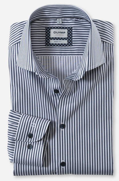 OLYMP LEVEL FIVE BODY FIT TWILL LANGARM HEMD MARINE GESTREIFT