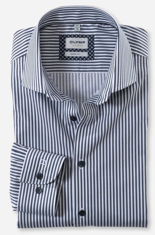 OLYMP LEVEL FIVE BODY FIT TWILL LANGARM HEMD MARINE GESTREIFT