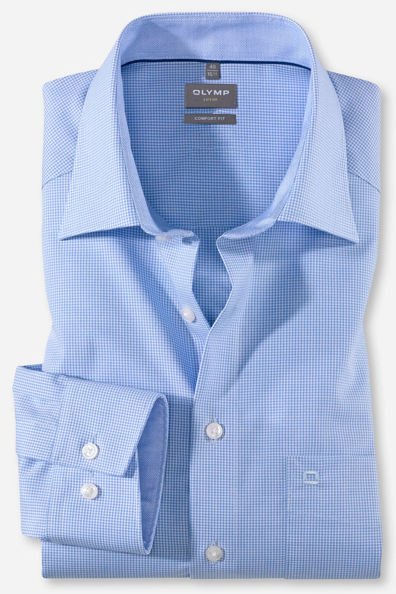 OLYMP LUXOR COMFORT FIT KARO LANGARM HEMD HELLBLAU