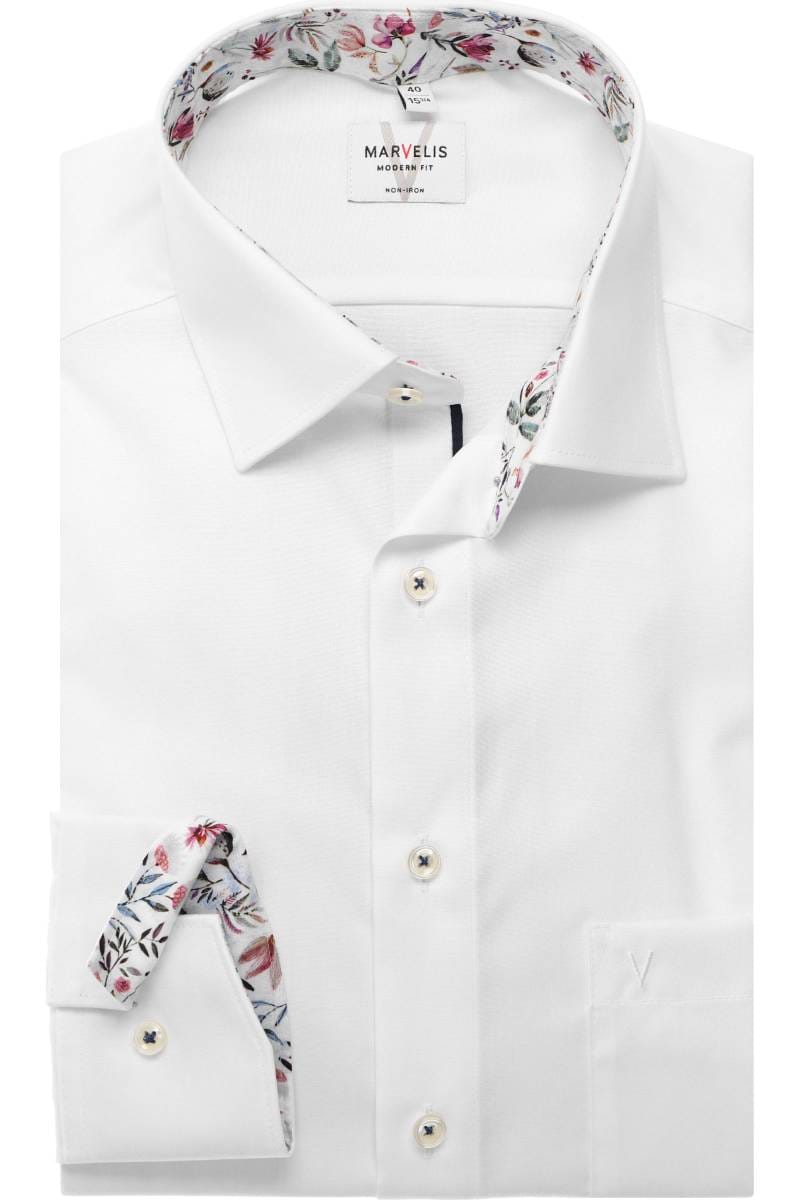 MARVELIS LANGARM HEMD MODERN FIT WEISS MIT PATCHUNG