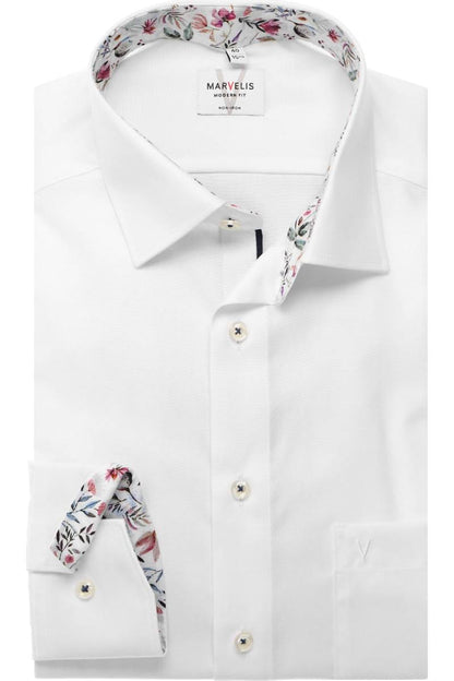 MARVELIS LANGARM HEMD MODERN FIT WEISS MIT PATCHUNG