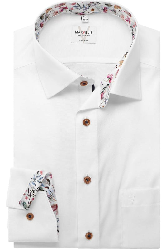 MARVELIS EXTRA LANGER ARM HEMD MODERN FIT WEISS MIT PATCHUNG