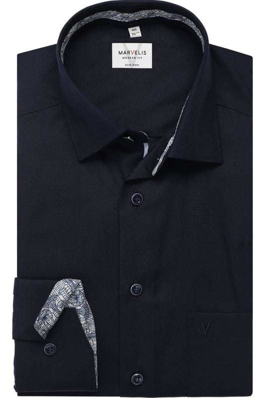 MARVELIS LANGARM HEMD MODERN FIT DUNKELBLAU MIT PATCHUNG
