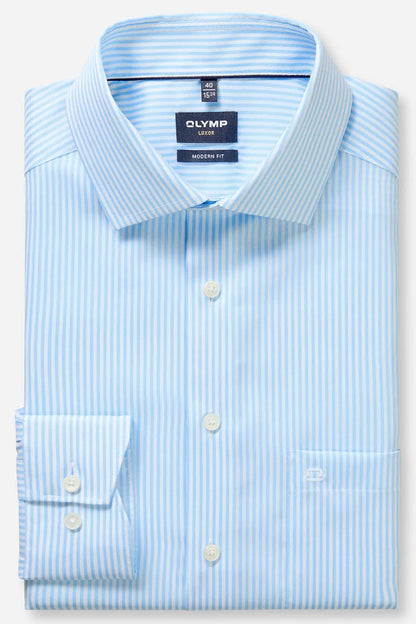 OLYMP LUXOR MODERN FIT TWILL LANGARM HEMD BLAU GESTREIFT