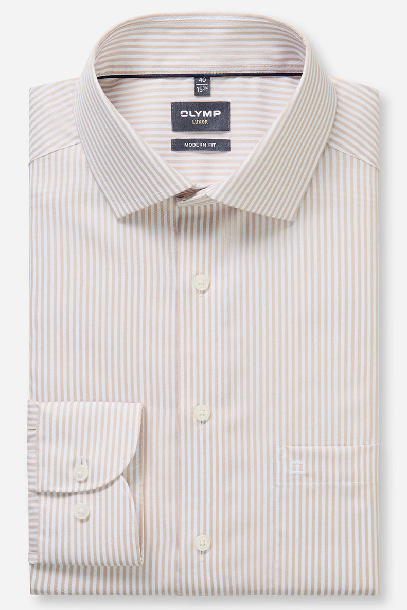 OLYMP LUXOR MODERN FIT TWILL LANGARM HEMD BEIGE GESTREIFT