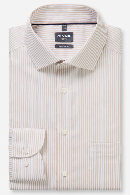 OLYMP LUXOR MODERN FIT TWILL LANGARM HEMD BEIGE GESTREIFT