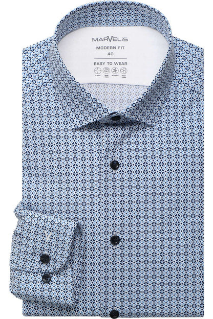 MARVELIS LANGARM HEMD MODERN FIT BLAU MIT MUSTERUNG
